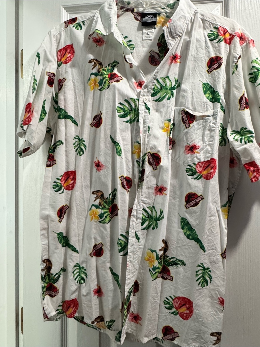 Jurassic Park White Tropical Print Short Sleeve Button-Down Shirt - Picture 2 of 6